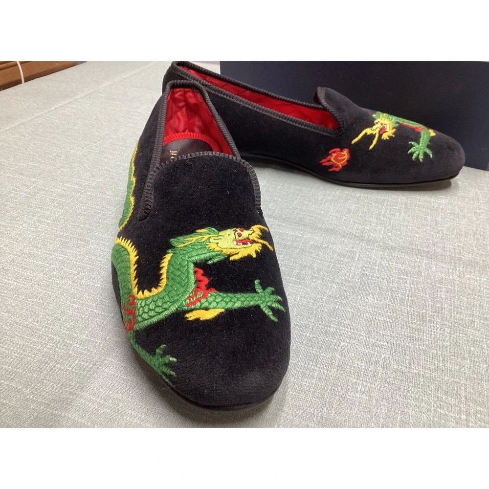 Vintage Shipton & Heneage Dragon Velvet Smoking Slipper Men 9 Embroidered Loafer